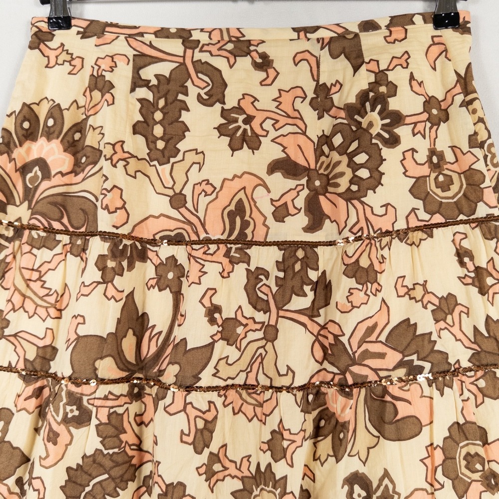 LOFT Skirt Womens 6 A Line Tiered Pink Brown Floral Sequins Lined Y2K Boho Glam - Picture 4 of 8